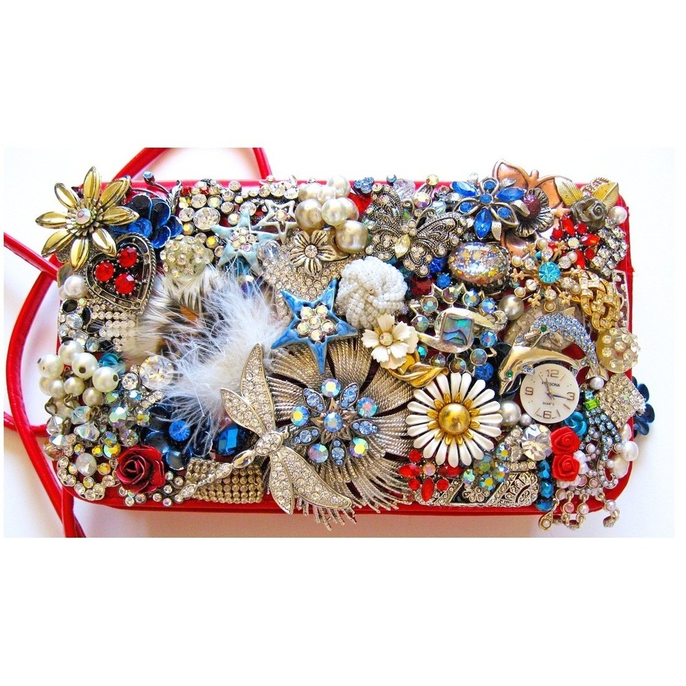 Art Creations by CJ Borden Red Leather Jeweled Maximalist Clutch Wallet One Size